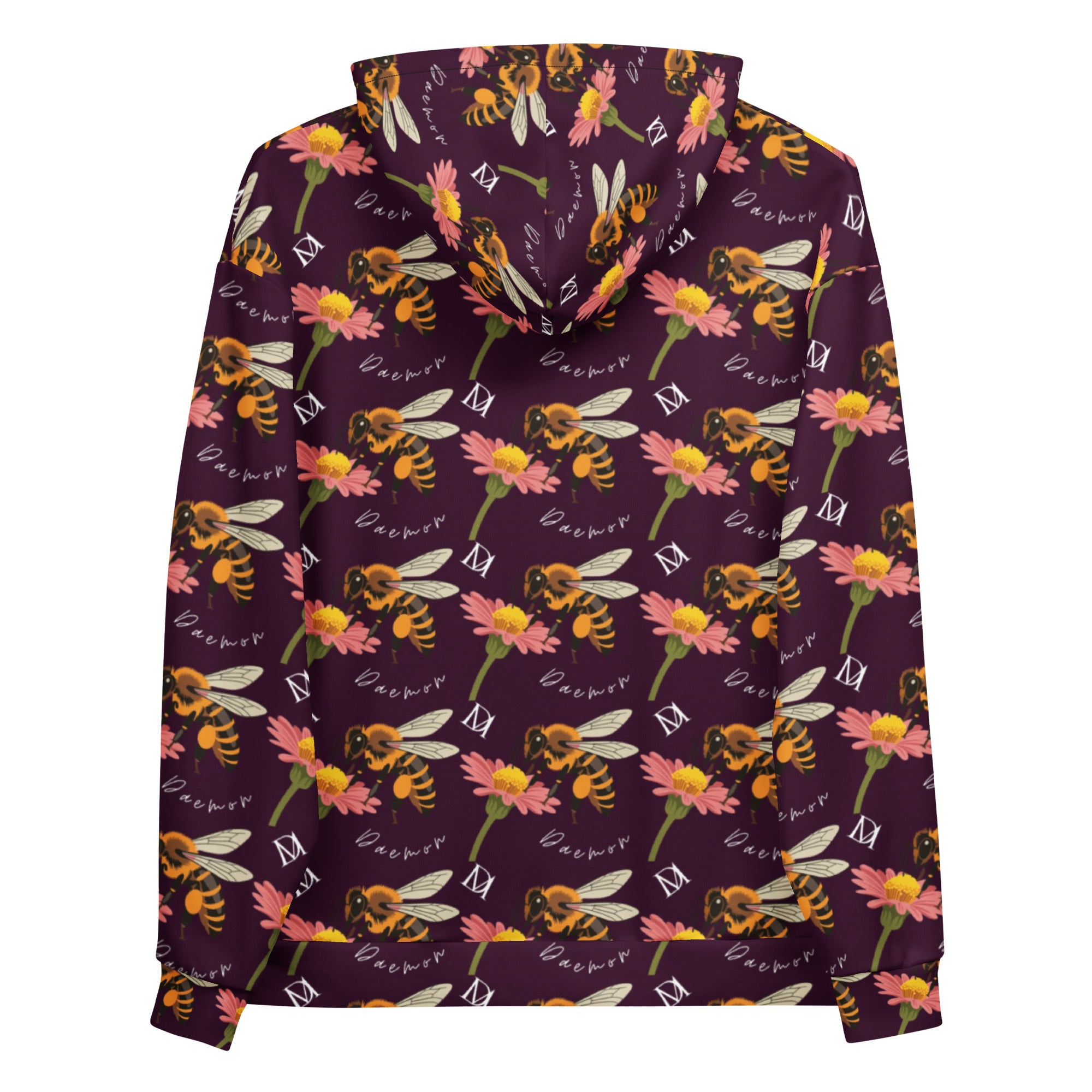 Daemon Luxury Honeybee Shores Gardena Dusk unisex hoodie with all-over white recycled print, featuring a hood and casual style.