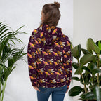 Daemon Luxury Honeybee Shores Gardena Dusk unisex hoodie with all-over recycled print, white background, front view.