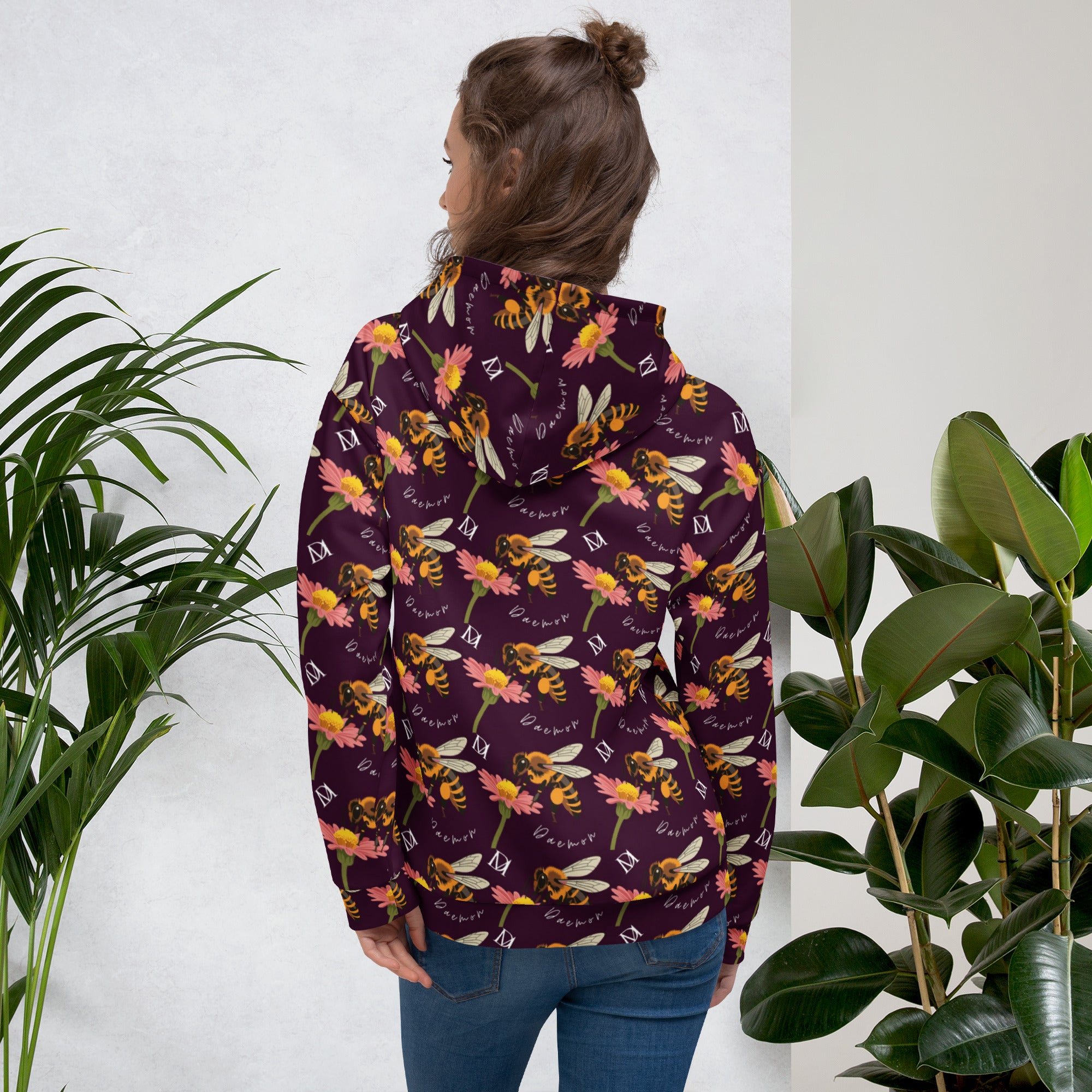 Daemon Luxury Honeybee Shores Gardena Dusk unisex hoodie with all-over recycled print, white background, front view.