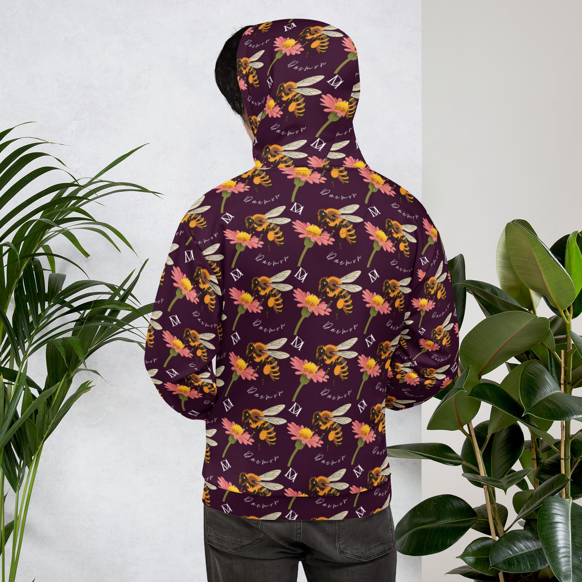 Daemon Luxury Honeybee Shores Gardena Dusk unisex hoodie with all-over-print recycled fabric, white background, back view