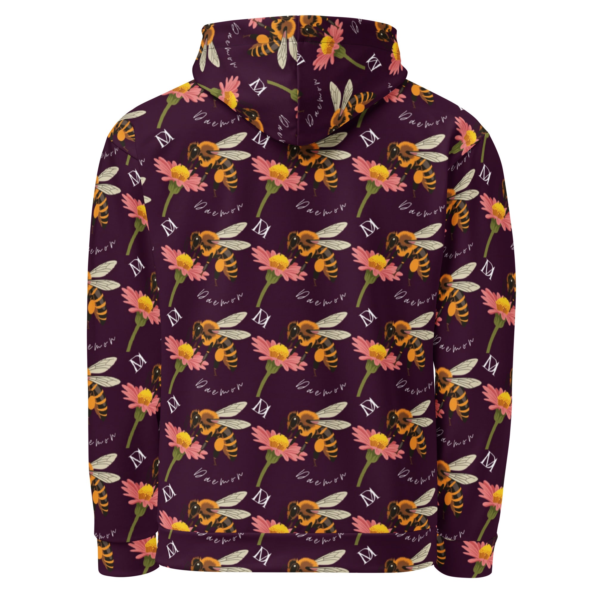 Daemon Luxury Honeybee Shores Gardena Dusk unisex recycled hoodie with all-over print, white background, front view.