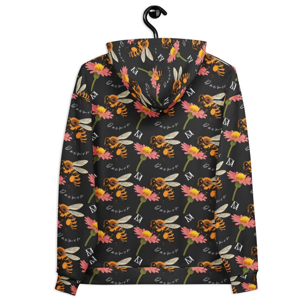 Daemon Luxury Honeybee Shores Gardena Nero unisex hoodie with all-over white recycled print, featuring a hood and casual style.