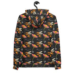 Daemon Luxury Honeybee Shores Gardena Nero unisex hoodie with all-over white recycled print, featuring a hood and casual style.