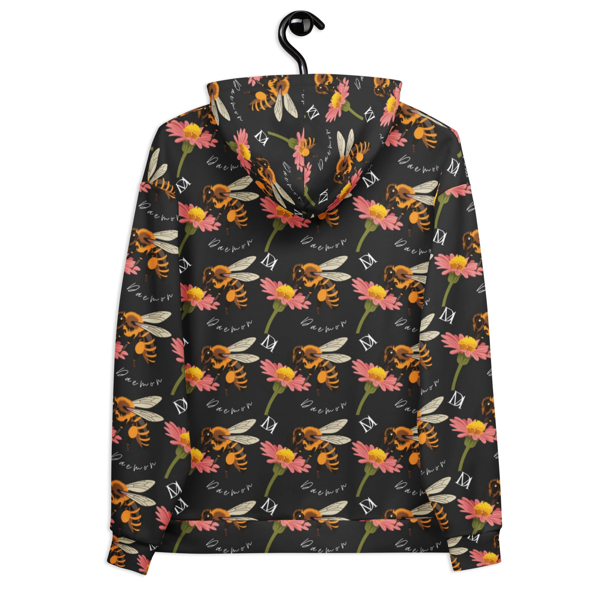 Daemon Luxury Honeybee Shores Gardena Nero unisex hoodie with all-over white recycled print, featuring a hood and casual style.