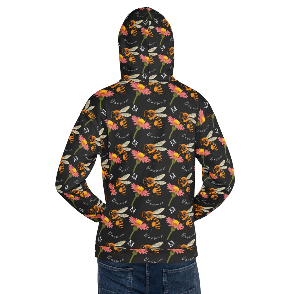 Daemon Luxury Honeybee Shores Gardena Nero unisex hoodie with all-over white print and hood, made from recycled materials.
