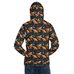 Daemon Luxury Honeybee Shores Gardena Nero unisex hoodie with all-over white print and hood, made from recycled materials.
