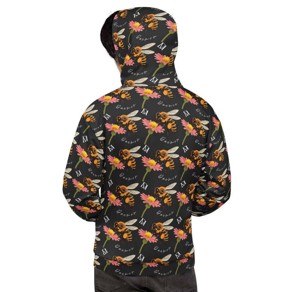 Recycled white unisex hoodie with Honeybee Shores (Gardena Nero) print, featuring a hood and all-over colorful floral design.