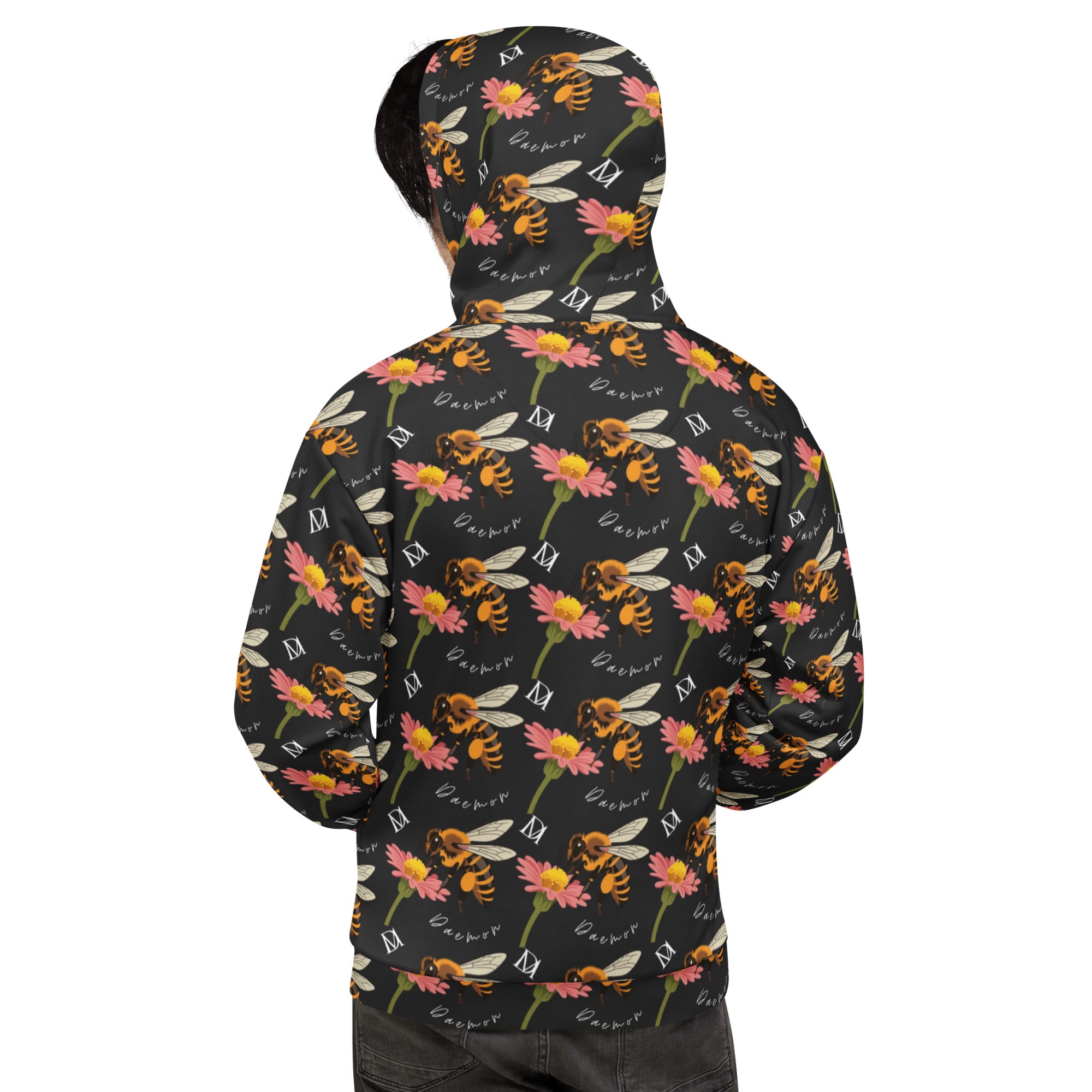 Recycled white unisex hoodie with Honeybee Shores (Gardena Nero) print, featuring a hood and all-over colorful floral design.