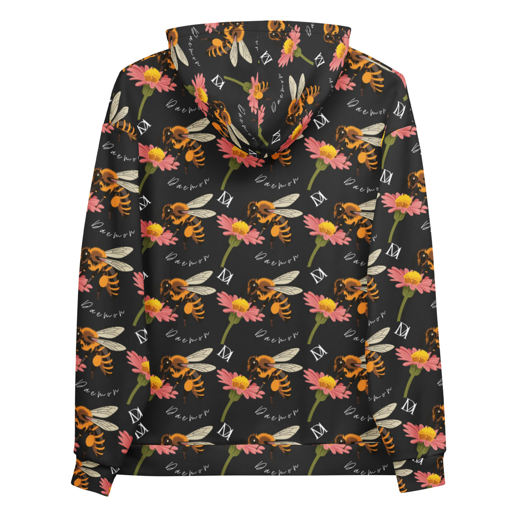 Recycled white unisex hoodie with all-over honeybee shores (Gardena Nero) print by Daemon Luxury, showing back view.