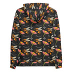Recycled white unisex hoodie with all-over honeybee shores (Gardena Nero) print by Daemon Luxury, showing back view.