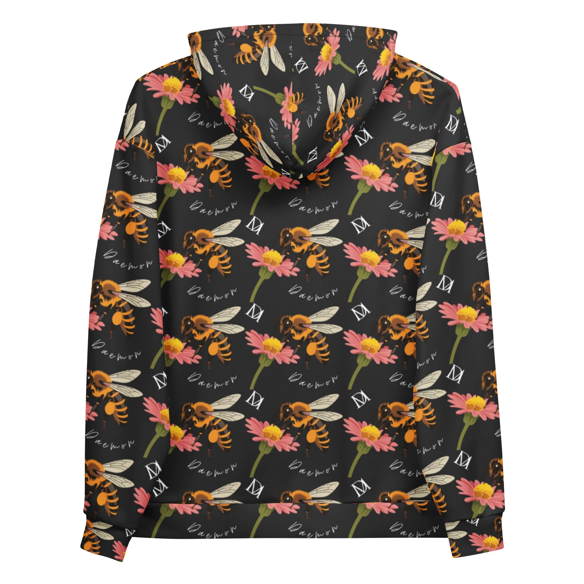 Recycled white unisex hoodie with all-over honeybee shores (Gardena Nero) print by Daemon Luxury, showing back view.