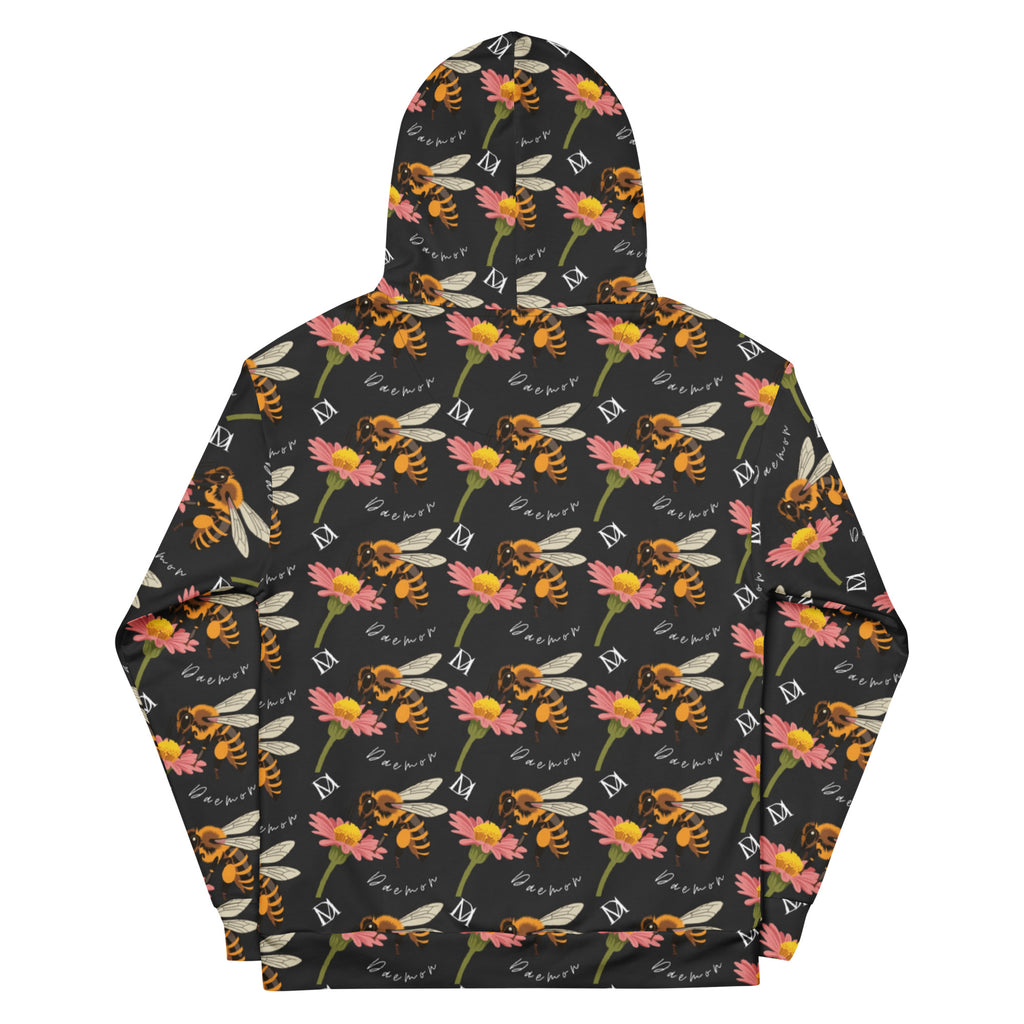 Daemon Luxury Honeybee Shores Gardena Nero unisex hoodie with all-over white print and recycled fabric, front view.