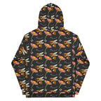 Daemon Luxury Honeybee Shores Gardena Nero unisex hoodie with all-over white print and recycled fabric, front view.