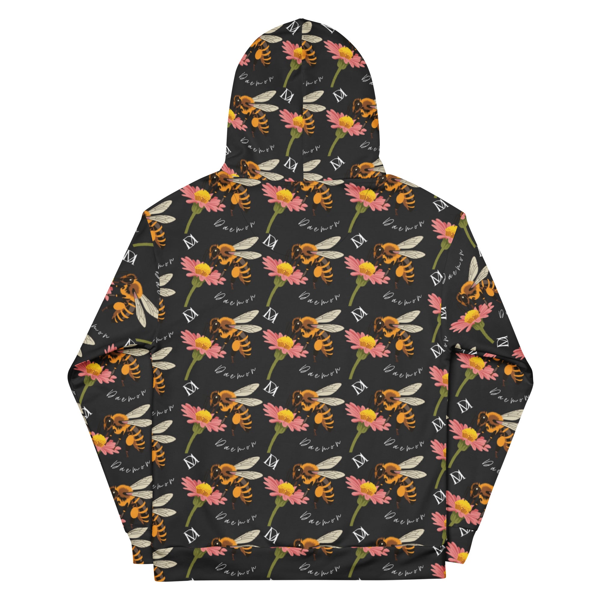 Daemon Luxury Honeybee Shores Gardena Nero unisex hoodie with all-over white print and recycled fabric, front view.