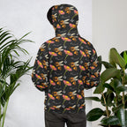 Recycled white unisex hoodie with honeybee shores and Gardena Nero print, featuring a hood and all-over design by Daemon Luxury.