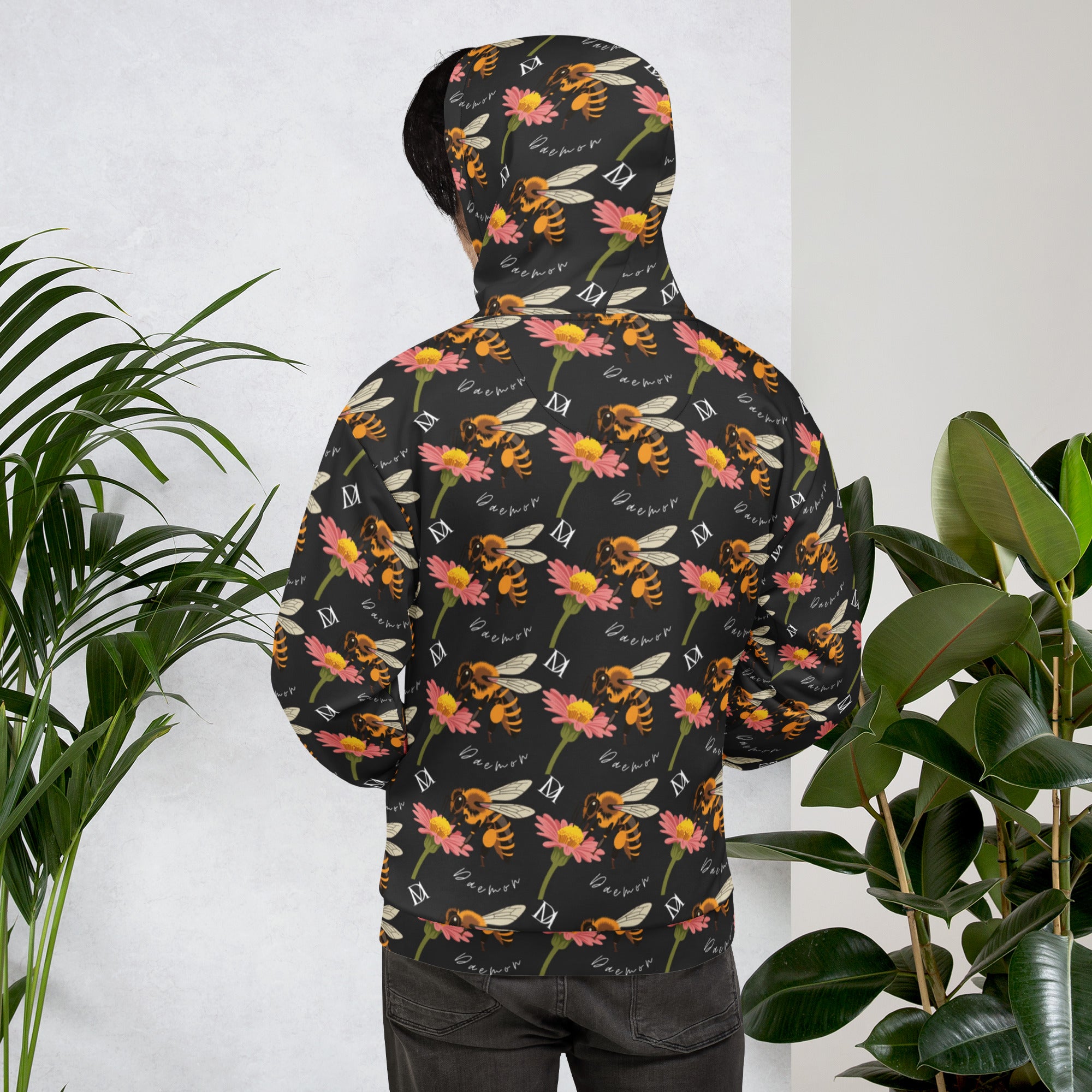 Recycled white unisex hoodie with honeybee shores and Gardena Nero print, featuring a hood and all-over design by Daemon Luxury.