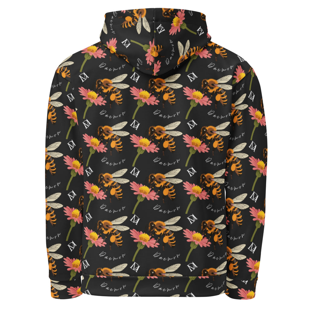 Unisex white hooded sweatshirt with all-over black honeybee shores Gardena Nero print by Daemon Luxury, back view.