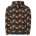 Unisex white hooded sweatshirt with all-over black honeybee shores Gardena Nero print by Daemon Luxury, back view.