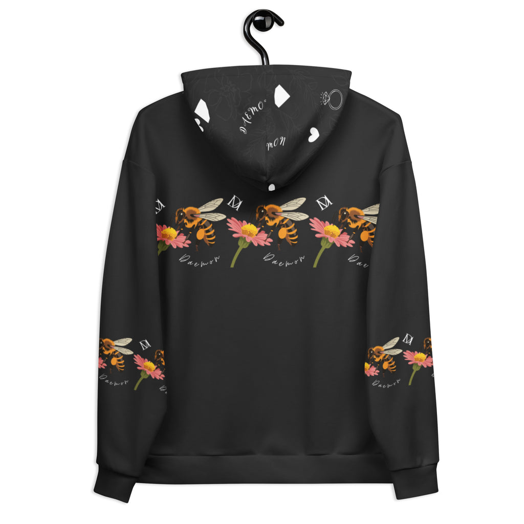 Daemon Luxury Florette Rebirth Honeybee Nights unisex hoodie with all-over white print, recycled fabric, and cozy hood.