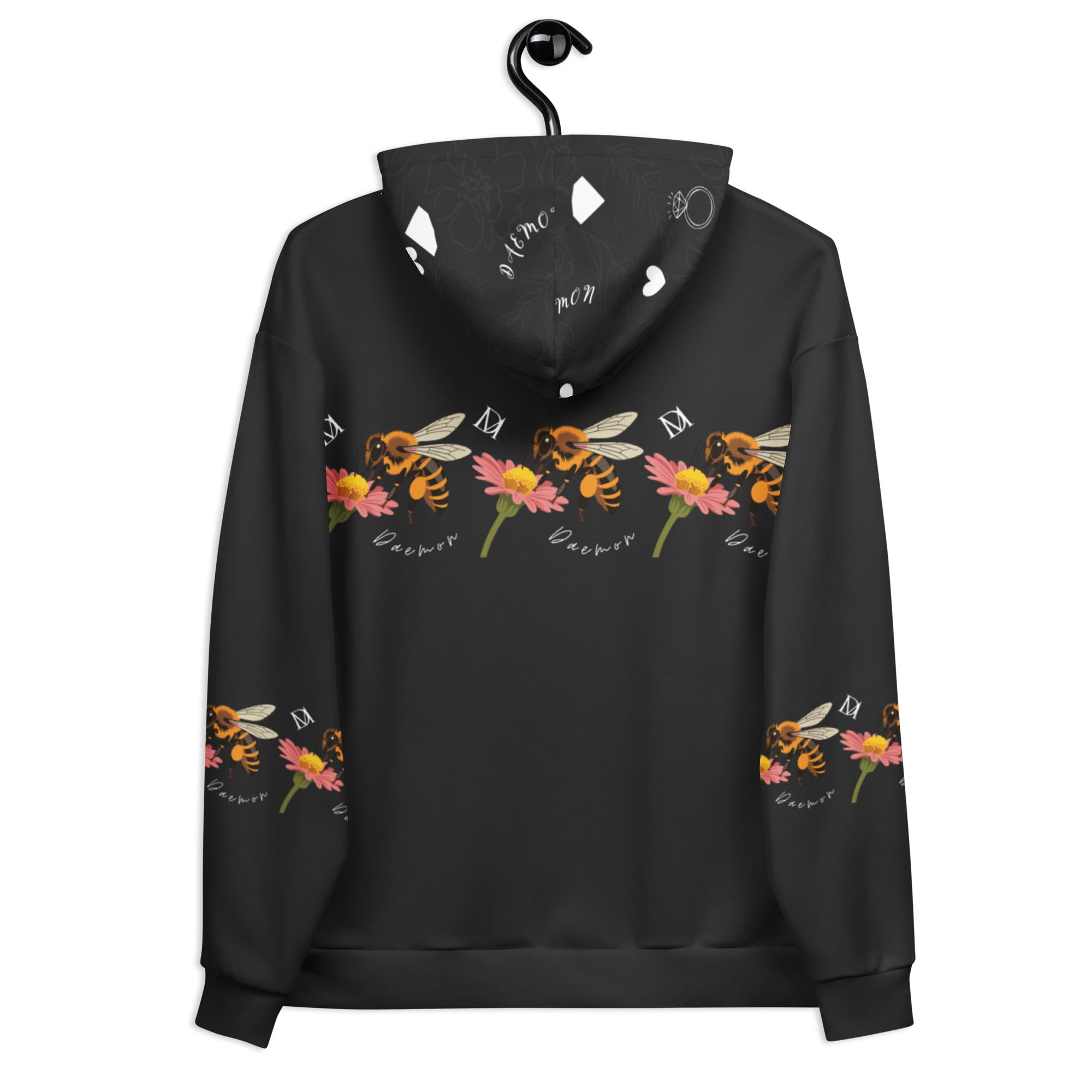 Daemon Luxury Florette Rebirth Honeybee Nights unisex hoodie with all-over white print, recycled fabric, and cozy hood.