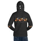 Daemon Luxury Florette Rebirth Honeybee Nights unisex recycled hoodie with all-over print, white background, back view.