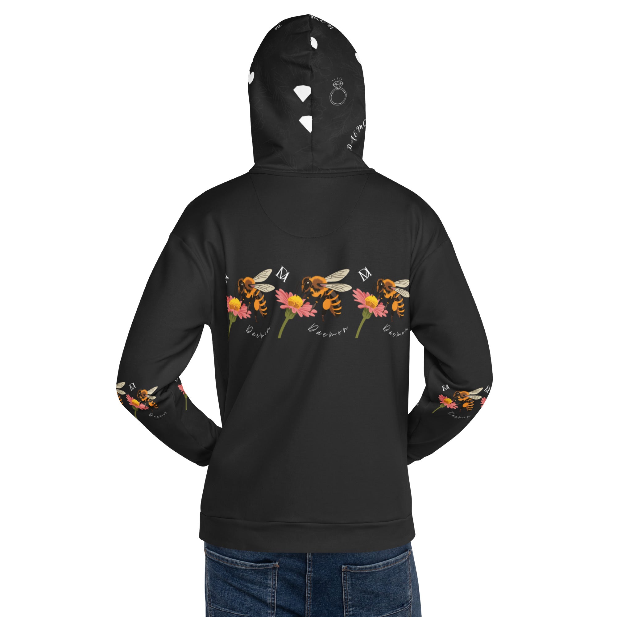 Daemon Luxury Florette Rebirth Honeybee Nights unisex recycled hoodie with all-over print, white background, back view.