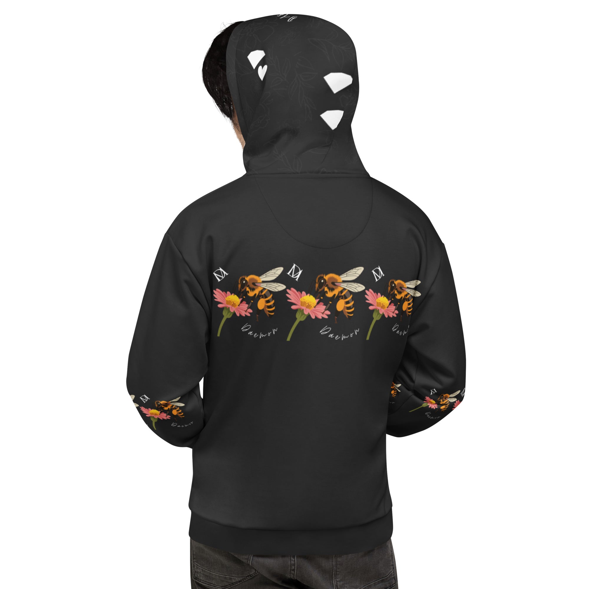 Daemon Luxury Florette Rebirth Honeybee Nights hoodie, all-over-print recycled cotton unisex white hoodie with back design.