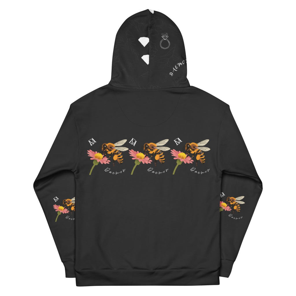 Daemon Luxury Florette Rebirth Honeybee Nights unisex recycled hoodie with all-over white print and hood, casual streetwear style.