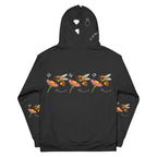 Daemon Luxury Florette Rebirth Honeybee Nights unisex recycled hoodie with all-over white print and hood, casual streetwear style.
