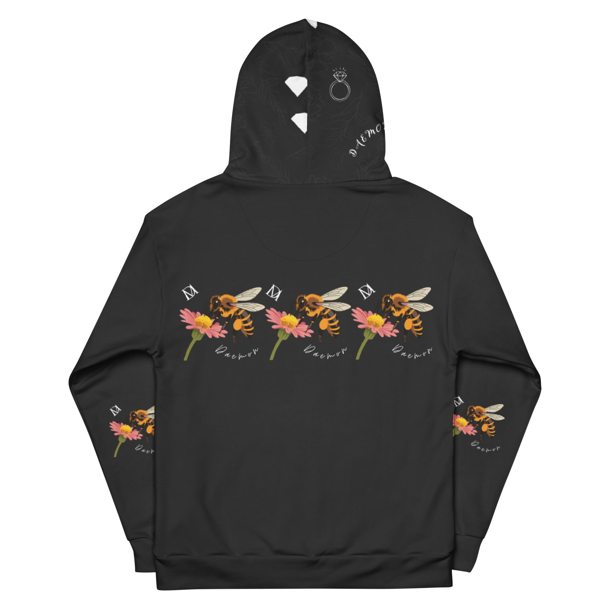 Daemon Luxury Florette Rebirth Honeybee Nights unisex recycled hoodie with all-over white print and hood, casual streetwear style.