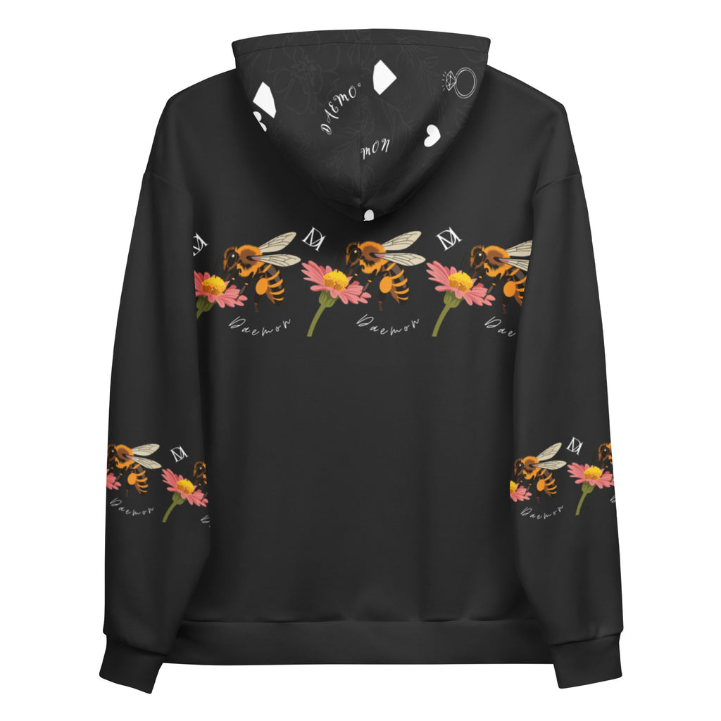 Daemon Luxury Florette Rebirth Honeybee Nights unisex hoodie with all-over white recycled fabric and vibrant print on back