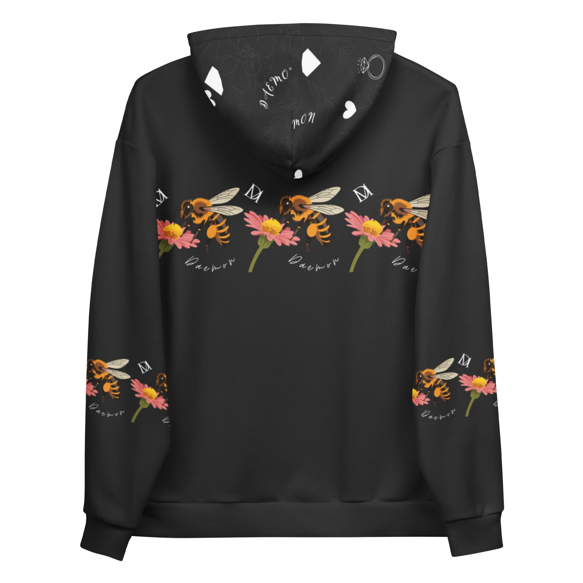 Daemon Luxury Florette Rebirth Honeybee Nights unisex hoodie with all-over white recycled fabric and vibrant print on back