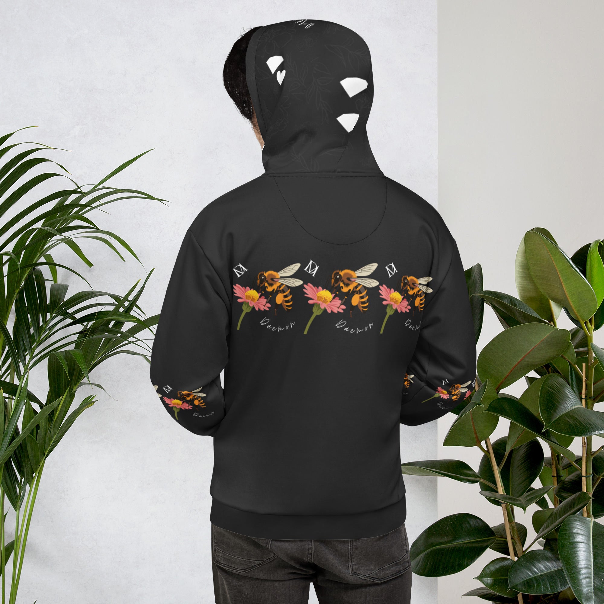 Daemon Luxury Florette Rebirth Honeybee Nights unisex hoodie with all-over print on white recycled fabric, front and back view