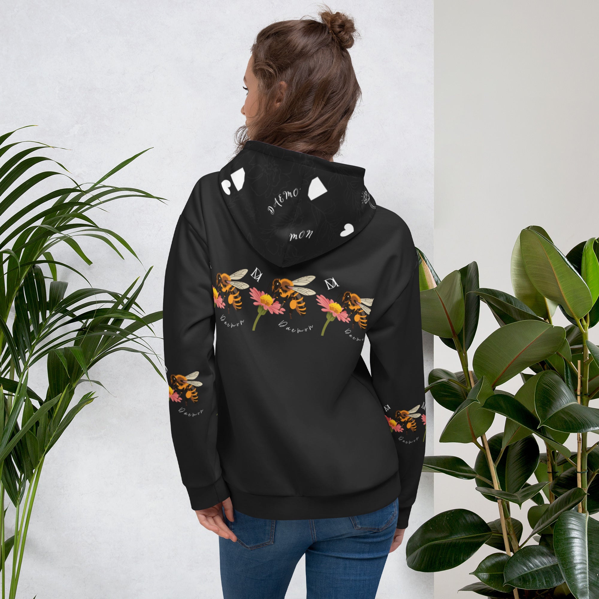 Rebirth Honeybee Nights unisex recycled cotton hoodie by Daemon Luxury with all-over print on white fabric.