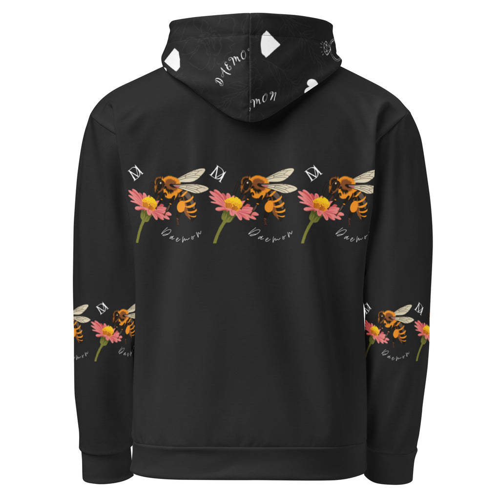 Daemon Luxury Florette Rebirth Honeybee Nights unisex recycled hoodie with all-over print on white background.