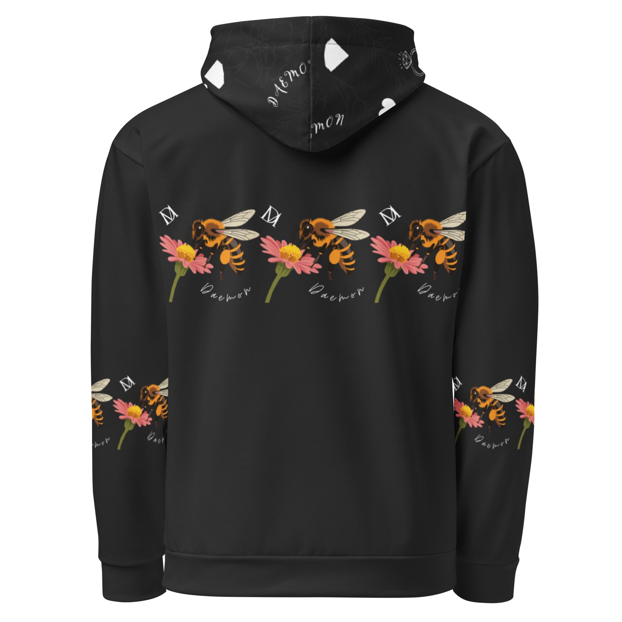 Daemon Luxury Florette Rebirth Honeybee Nights unisex recycled hoodie with all-over print on white background.