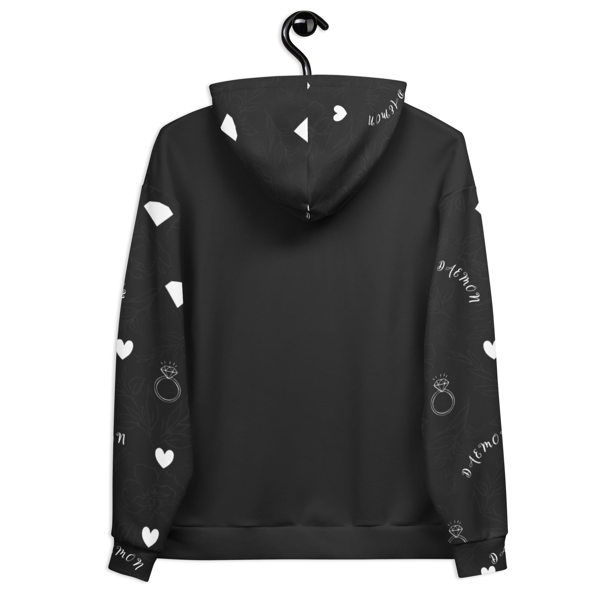 Unisex white hoodie with all-over print of honeybees and floral designs by Daemon Luxury, featuring a hood and casual fit.