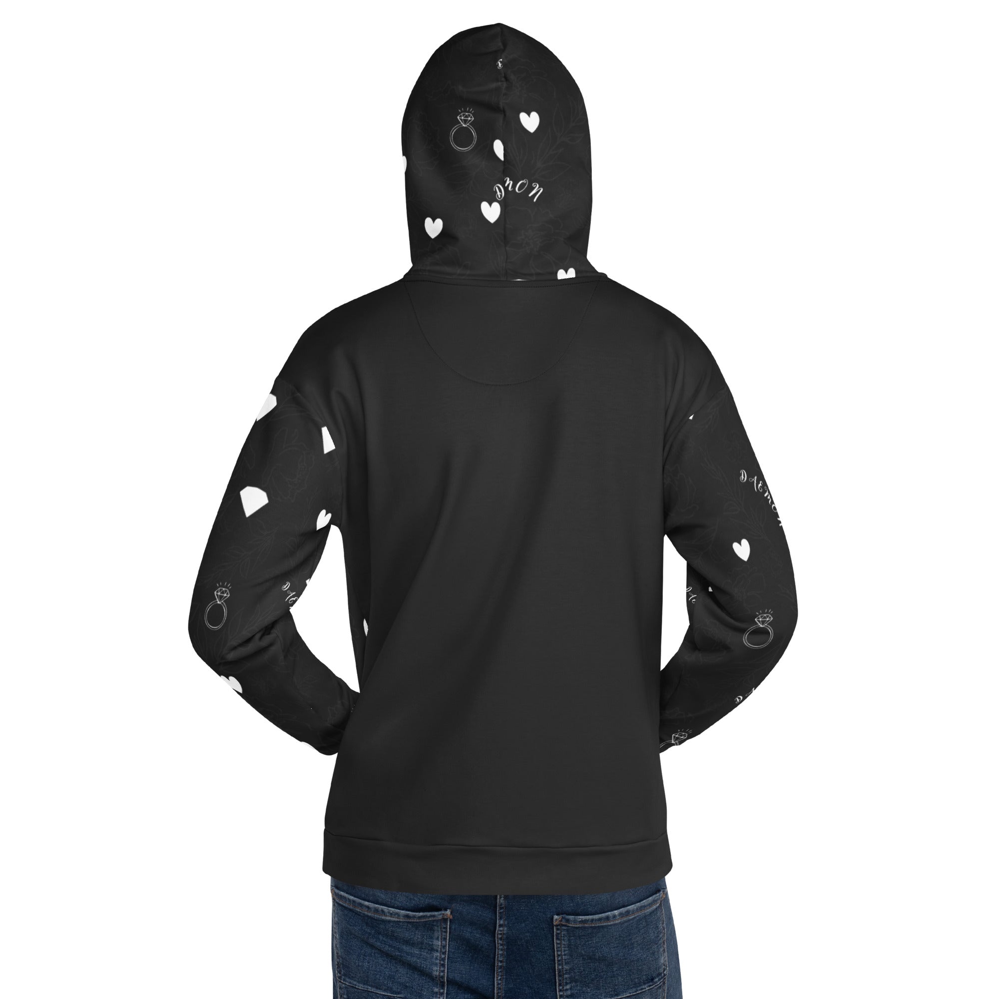 Daemon Luxury Florette Rebirth Honeybee Less unisex hoodie with all-over white recycled print, featuring a hood and casual fit.