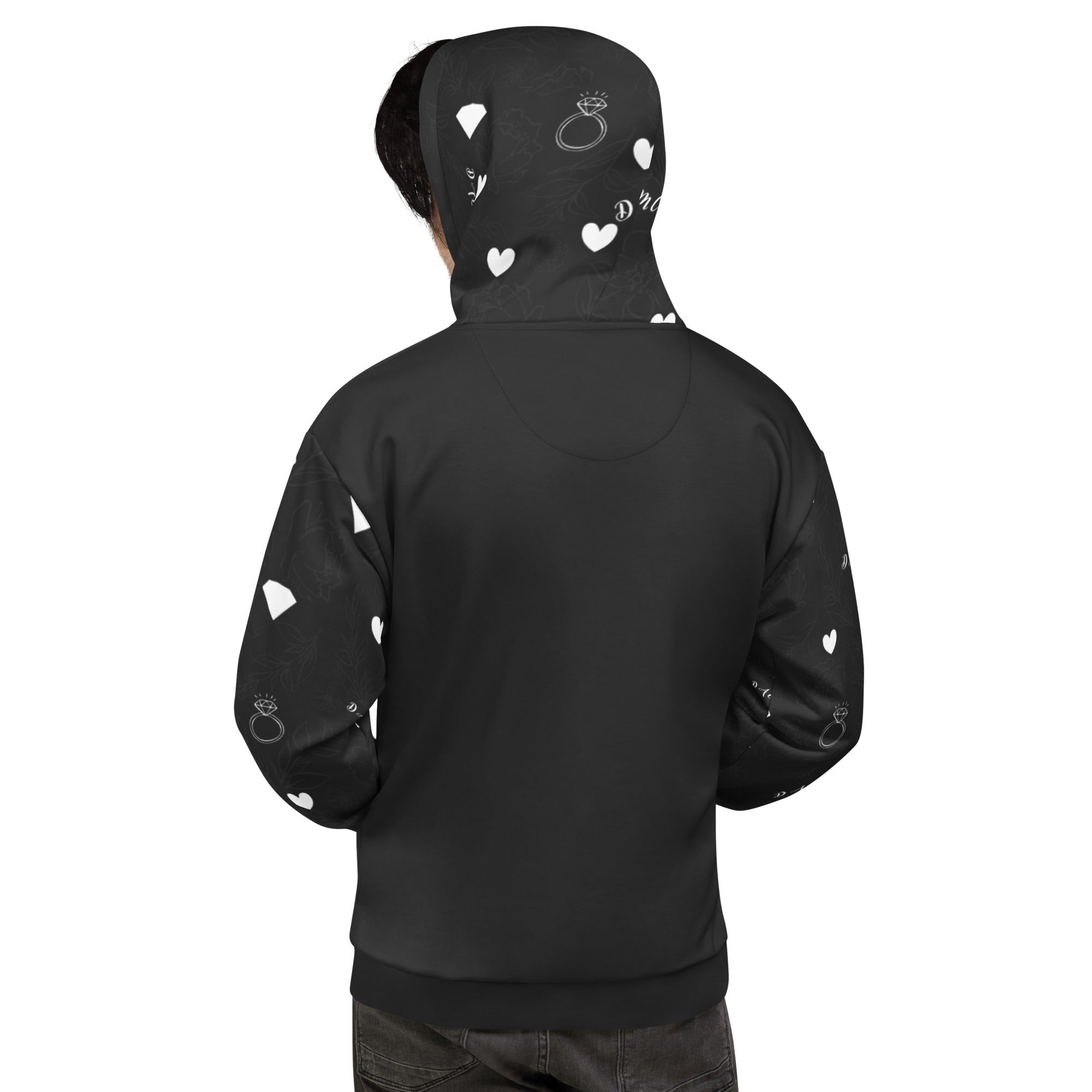 Daemon Luxury Florette Rebirth honeybee less recycled unisex hoodie with all-over print on white fabric, back view.