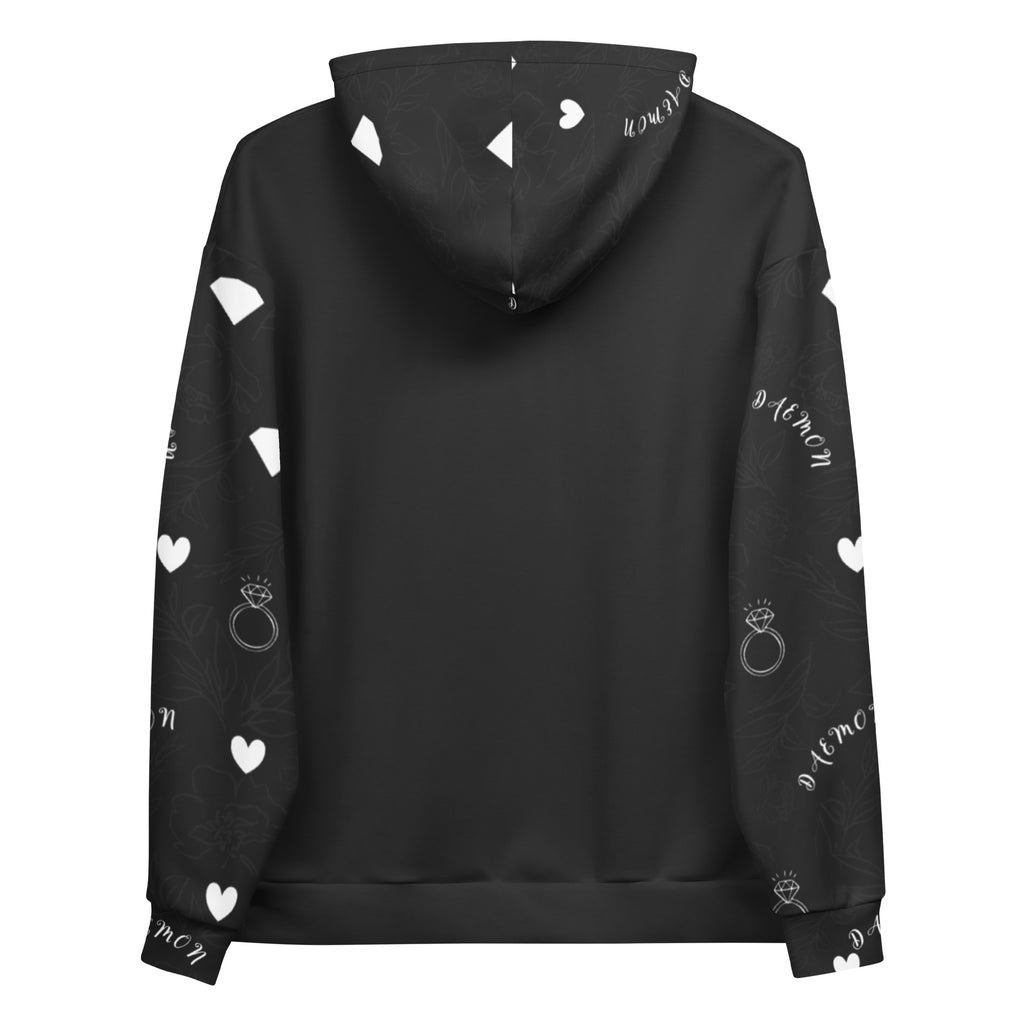 Daemon Luxury Florette Rebirth unisex hoodie with all-over honeybee print on recycled white fabric, featuring a cozy hood.
