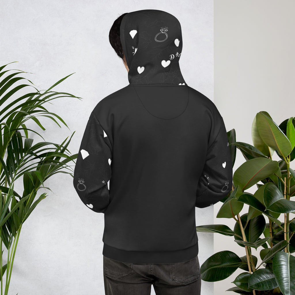 White Daemon Luxury Florette Rebirth unisex hoodie with all-over honeybee print and recycled fabric, front and back view