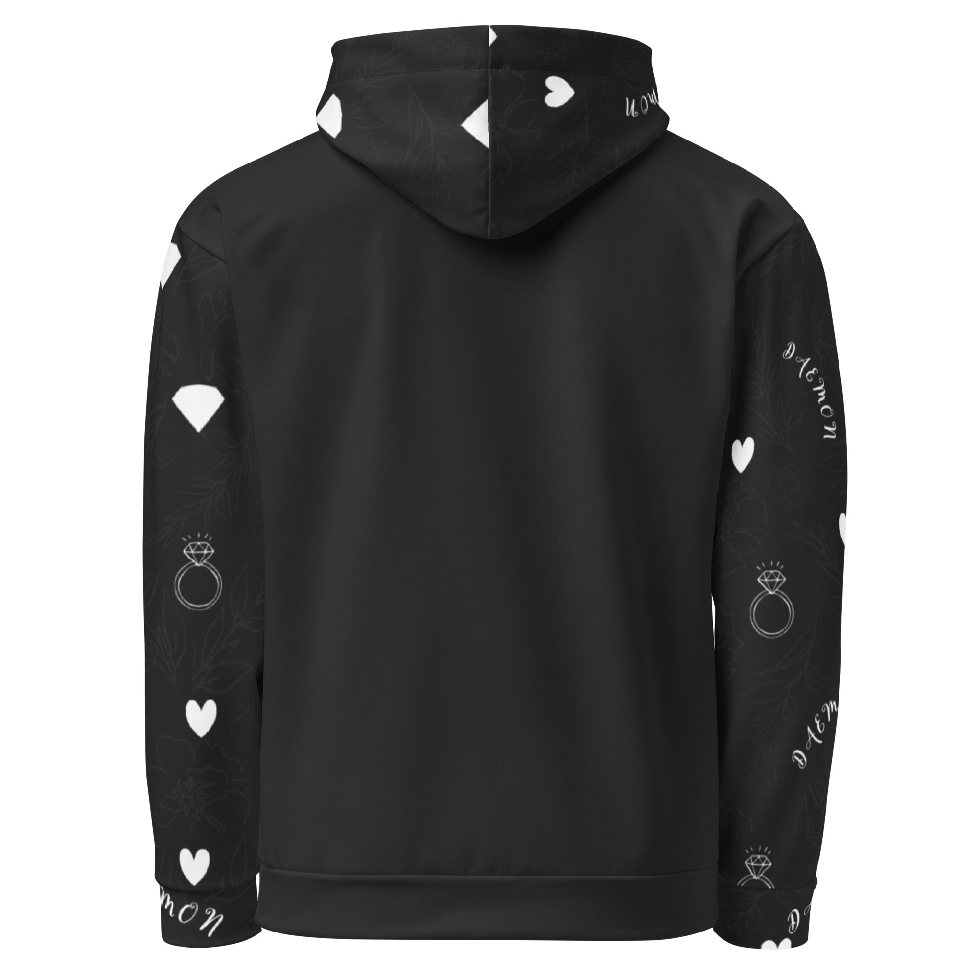 Rebirth honeybee less unisex hoodie by Daemon Luxury with all-over white recycled print and hood, front view.