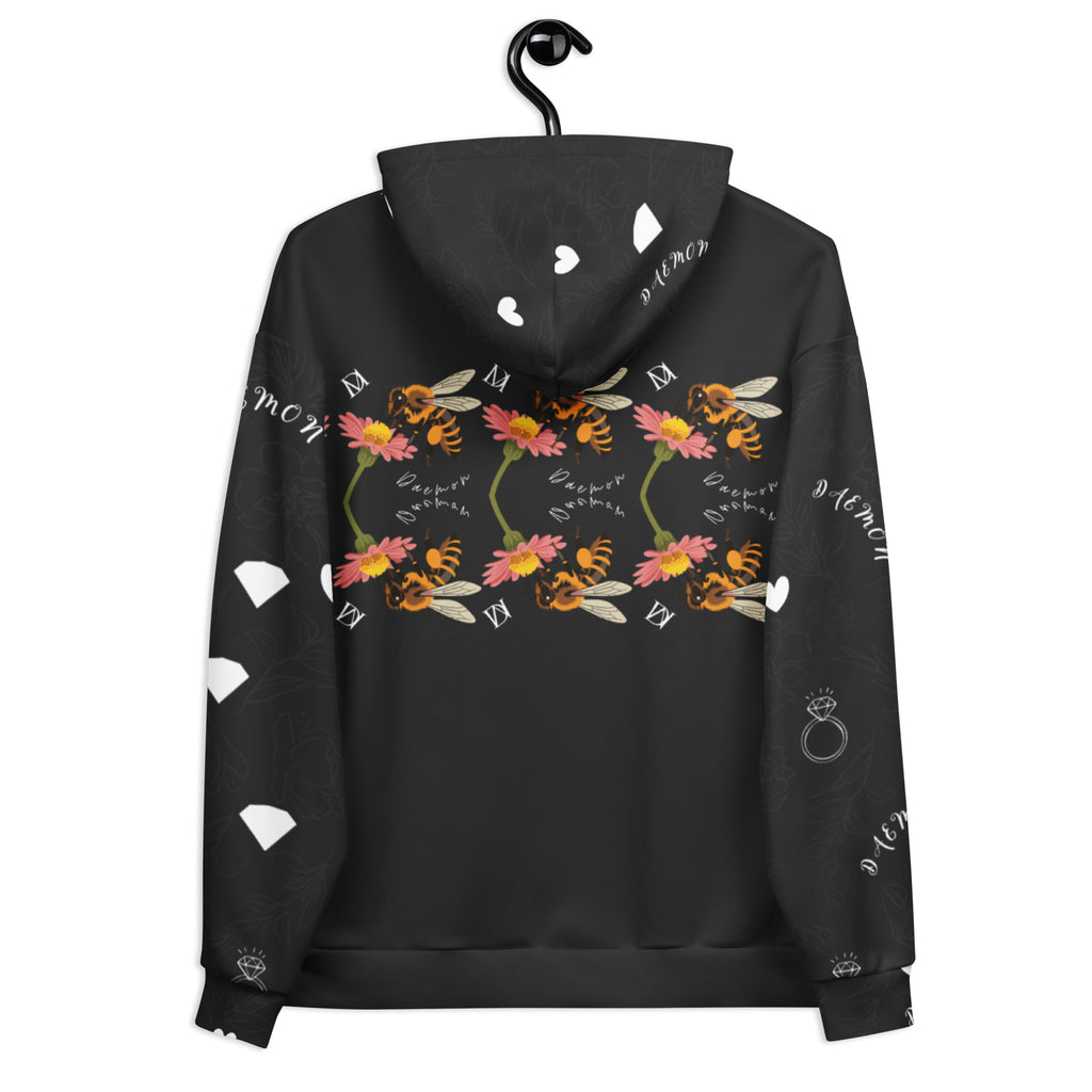 Unisex white Daemon Luxury Florette Rebirth hoodie with all-over honeybee mirror print on the back.