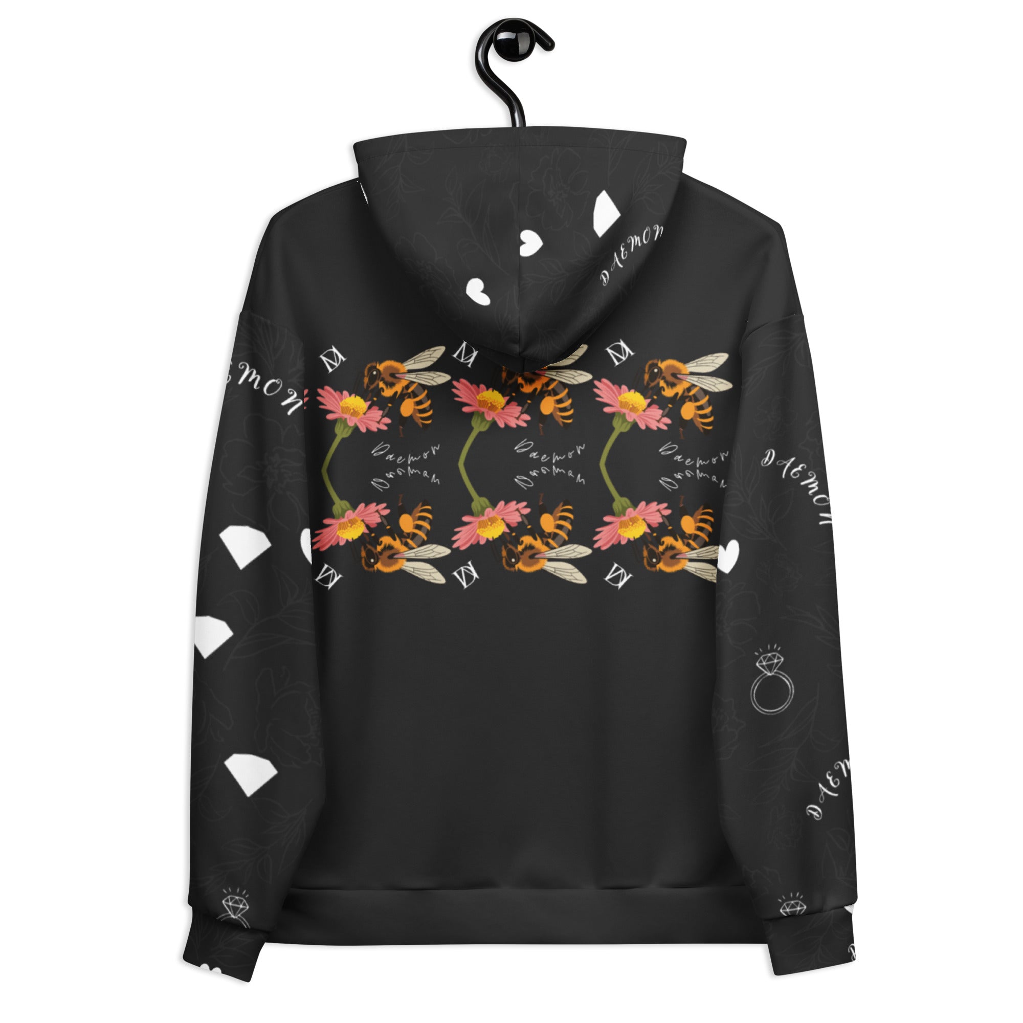 Unisex white Daemon Luxury Florette Rebirth hoodie with all-over honeybee mirror print on the back.