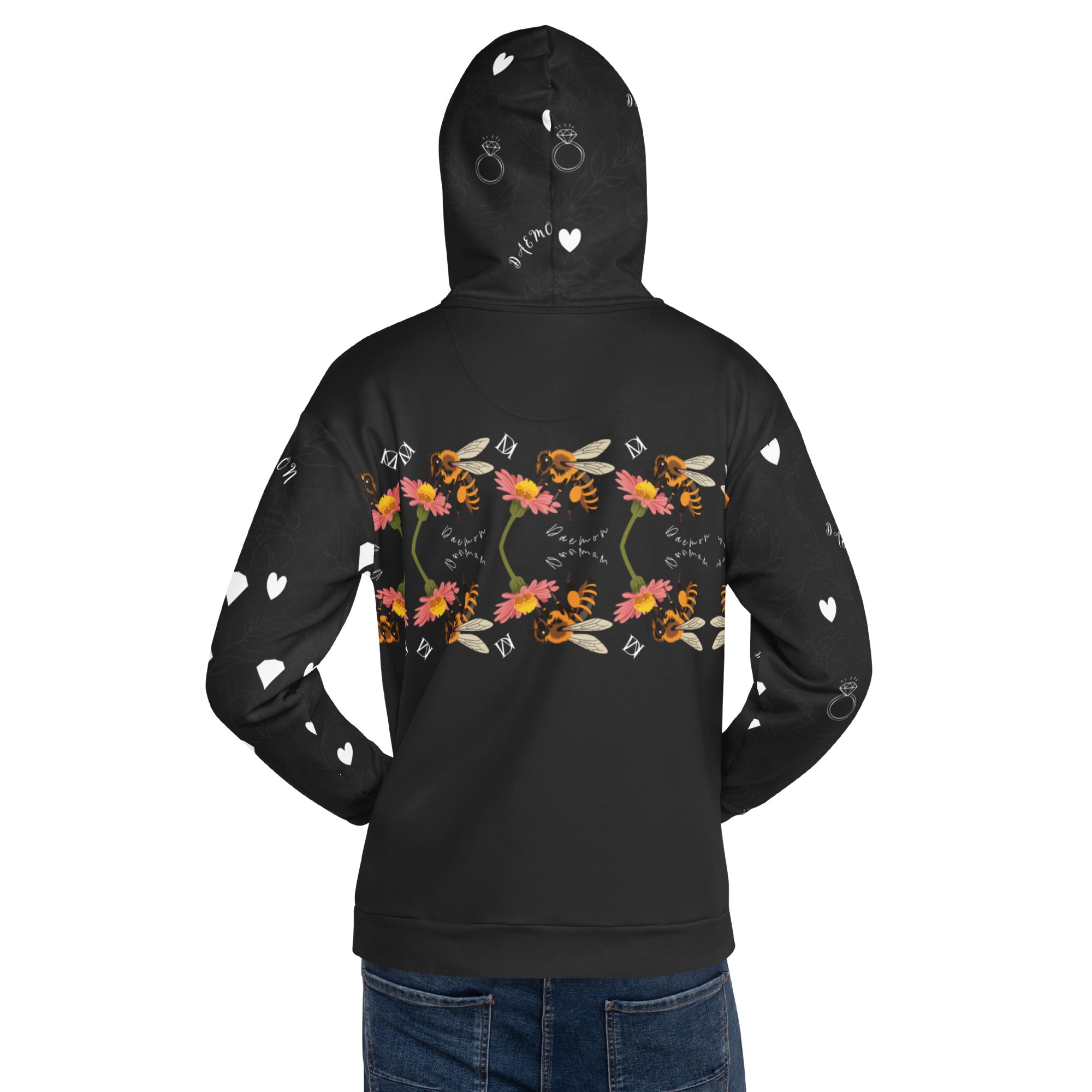Daemon Luxury Florette Rebirth honeybee print unisex recycled hoodie with white back, featuring vibrant all-over floral and bee design.