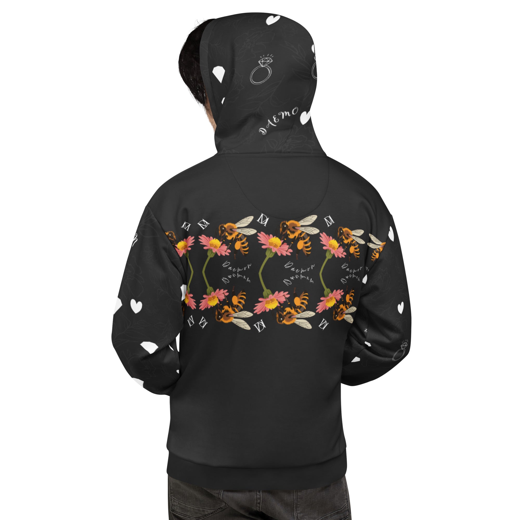 Daemon Luxury Florette Rebirth honeybee print unisex hoodie with all-over recycled fabric, white background, back view.