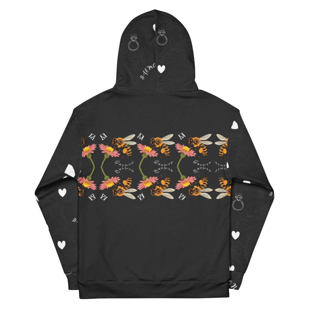 Daemon Luxury Florette Rebirth Honeybee Mirrors unisex recycled hoodie with all-over white print and hood, front and back view.