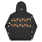 Daemon Luxury Florette Rebirth Honeybee Mirrors unisex recycled hoodie with all-over white print and hood, front and back view.