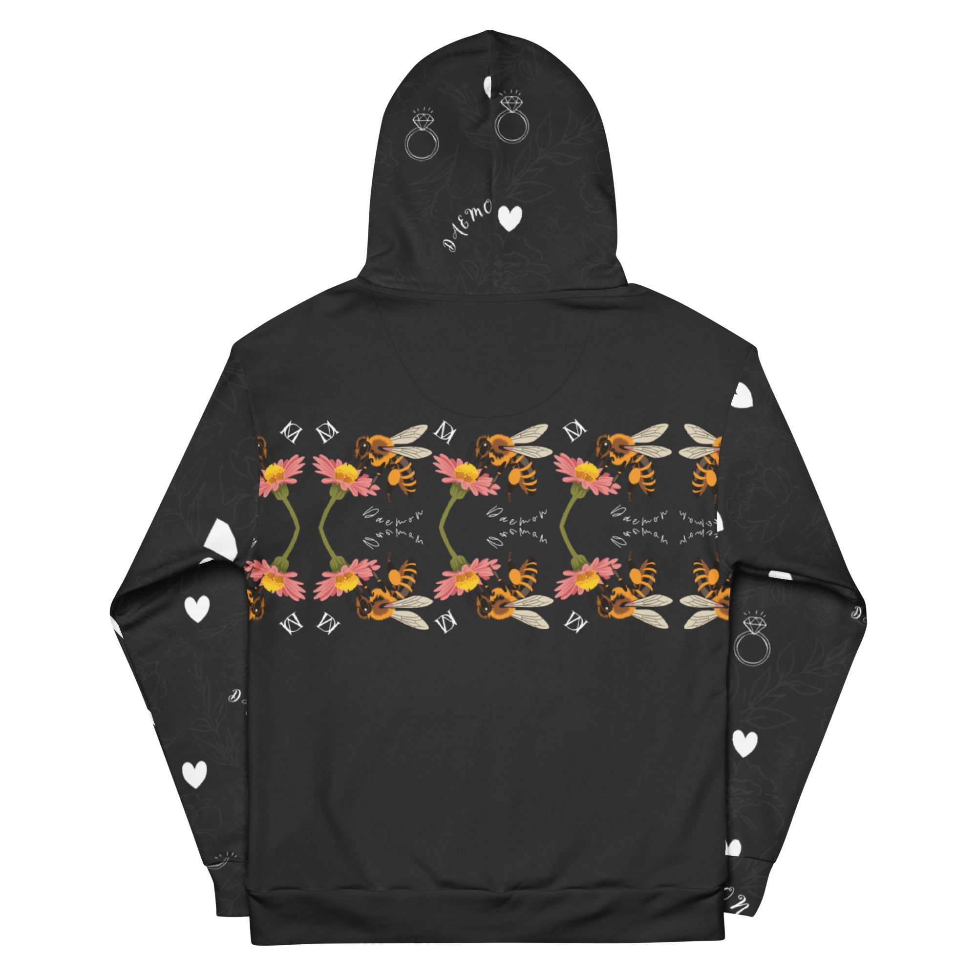 Daemon Luxury Florette Rebirth Honeybee Mirrors unisex recycled hoodie with all-over white print and hood, front and back view.