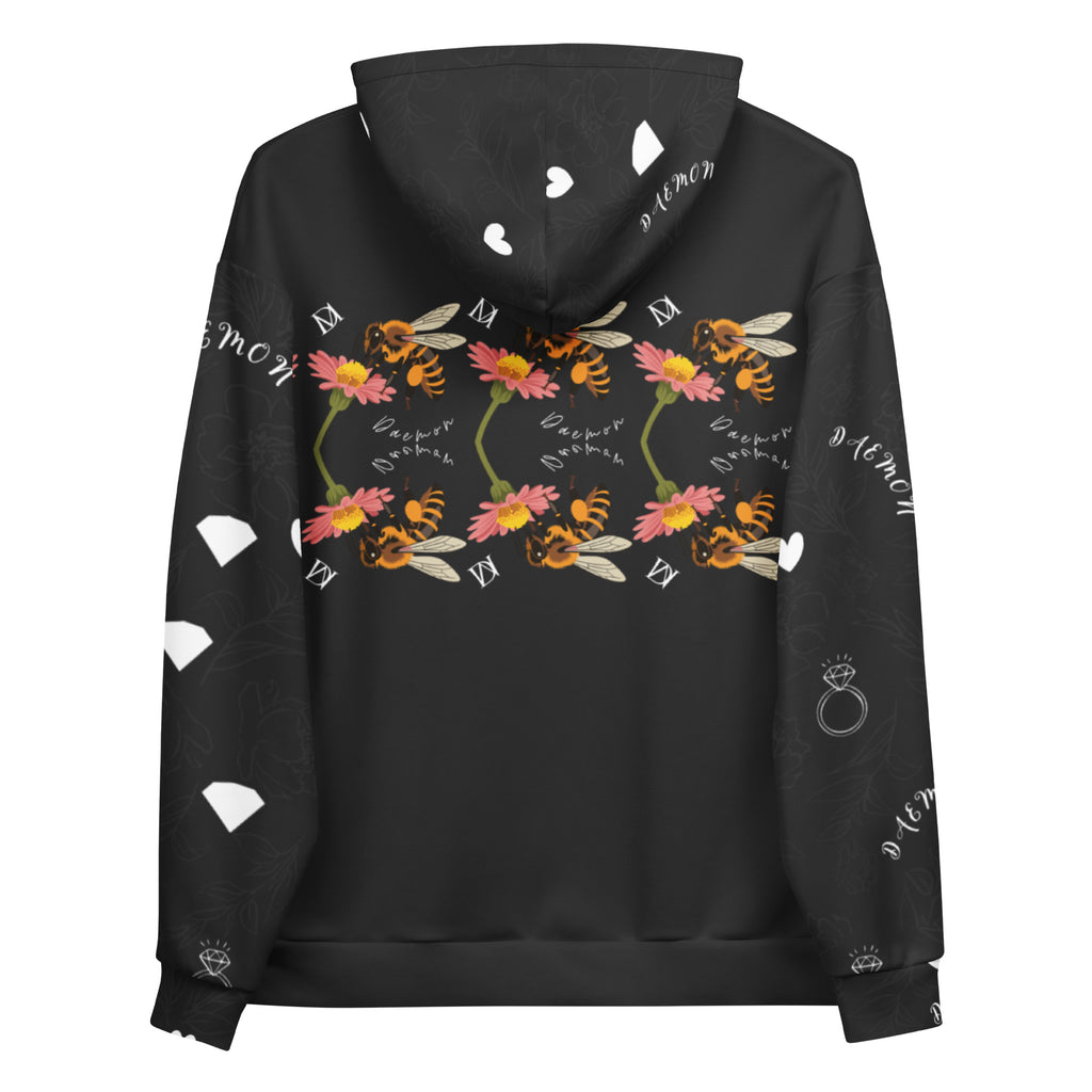 Rebirth Felpa Cappucio hoodie by Daemon Luxury featuring all-over honeybee mirror print on white recycled fabric.